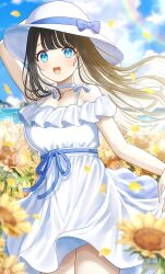 Rule 34 | 1girl, bare shoulders, beach, black hair, blue bow, blue eyes, blue sky, blush, bow, breasts, choker, cloud, collarbone, dress, field, flower, flower field, hat, highres, large breasts, long hair, looking at viewer, mizukoshi (marumi), ocean, open mouth, original, outdoors, rainbow, sky, smile, solo, sun hat, sundress, sunflower, sunflower field, water, white choker, white dress