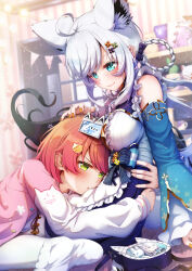 2girls 35p_(sakura_miko) ahoge animal_ear_fluff animal_ears apron arm_around_waist blue_skirt blue_sleeves blurry blurry_background braid braided_hair_rings breasts cat_hair_ornament center_frills closed_mouth commentary_request detached_sleeves extra_ears fox_ears fox_girl fox_tail frilled_apron frills from_side green_eyes hair_ornament hair_rings hairclip halter_shirt halterneck headpat highres hololive id_card imo_bouya indoors jacket lanyard lap_pillow layered_sleeves letterman_jacket long_hair looking_at_another lying maid mandarin_collar medium_breasts multiple_girls nail_polish neck_ribbon no_shoes official_alternate_costume official_alternate_hairstyle on_stomach pantyhose pink_hair pink_jacket qi_maid raglan_sleeves red_ribbon ribbon sakura_miko sakura_miko_(school_uniform) school_uniform shirakami_fubuki shirakami_fubuki_(8th_costume) shirt short_hair sitting skirt sleeveless sleeveless_shirt smile soles sukonbu_(shirakami_fubuki) tail virtual_youtuber wariza white_apron white_hair white_pantyhose white_shirt white_sleeves yellow_nails yuri