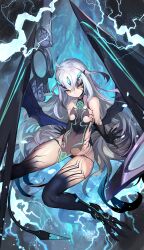 1girl ahoge bare_shoulders black_panties black_skin blue_fire body_markings breasts claws colored_skin covered_navel dragon_wings electricity facial_mark melusine_(third_ascension)_(fate) fate/grand_order fate_(series) fire forked_eyebrows gradient_skin grey_hair hair_between_eyes highres lack long_hair looking_at_viewer melusine_(fate) panties revealing_clothes sidelocks sitting small_breasts smile solo tail talons underwear very_long_hair weapon white_hair wings yellow_eyes