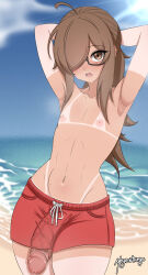 1boy absurdres ahoge armpits arms_behind_head arms_up artist_name beach blue_sky blurry blurry_background blush brown_eyes brown_hair collarbone commentary cowboy_shot day english_commentary glasses hair_over_one_eye highres large_penis long_hair looking_at_viewer male_swimwear meganethings mole mole_on_armpit mole_on_nipple mole_on_stomach mole_under_eye multiple_moles navel nipples ocean one_eye_covered open_mouth original outdoors parted_bangs penis precum red_male_swimwear red_swim_trunks semi-rimless_eyewear sky solo standing swim_trunks tan tanline teeth trap under-rim_eyewear upper_teeth_only veins veiny_penis