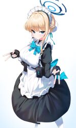 1girl absurdres apron black_gloves blonde_hair blue_archive blue_bow blue_eyes blue_halo blue_ribbon blush bow braid closed_mouth cobe expressionless fingerless_gloves gloves hair_bun hair_ribbon halo highres long_hair maid maid_apron maid_headdress ribbon socks solo toki_(blue_archive) white_apron white_socks