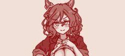 1girl animal_ears breasts brown_theme cleavage closed_mouth clothes_lift commentary_request horse_ears horse_girl jungle_pocket_(umamusume) large_breasts lifting_own_clothes looking_at_viewer lowres medium_hair monochrome shiodanx shirt shirt_lift simple_background smile solo umamusume upper_body wavy_hair