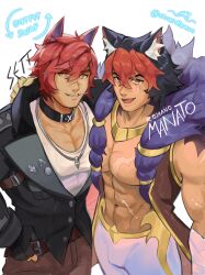Rule 34 | 2boys, abs, animal ears, bara, black gloves, black jacket, character name, commentary, cosplay, costume switch, ctrusdlemon, earrings, english commentary, english text, fangs, fingerless gloves, gloves, highres, jacket, jewelry, komano manato, league of legends, looking at viewer, male focus, multicolored hair, multiple boys, multiple scars, muscular, muscular male, necklace, nipples, open mouth, pectorals, red eyes, scar, scar across eye, scar on arm, scar on chest, scar on face, scar on nose, sett (league of legends), shirt, sleeveless, sleeveless shirt, smile, white background, white shirt, wolf boy, wolf ears, zenless zone zero