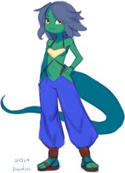 1girl 2024 20s :&lt; animal bikini bikini_top_only blue_pants bracelet breasts brown_shoes collarbone colored_skin dancer drantyno furry gold_bikini green_skin grey_hair hand_on_own_hip harem_outfit jewelry lizard lizard_tail loli looking_at_viewer navel original pants pun_(drantyno) reptile_girl sandals shoes short_hair small_breasts standing swimsuit tail white_background yellow_eyes