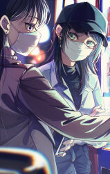 2girls bang_dream! bang_dream!_it&#039;s_mygo!!!!! baseball_cap black_hair black_hat black_sweater blue_eyes blurry blush brown_jacket can commentary depth_of_field doki_(oox3o) earrings hat highres holding holding_can jacket jewelry long_hair mask mouth_mask multiple_girls purple_eyes shiina_taki sweater vending_machine white_jacket white_mask yahata_umiri
