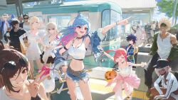 booth_seating choker denim dungeon_and_fighter highres jeans modare multiple_boys multiple_girls pants shorts sunglasses train tree