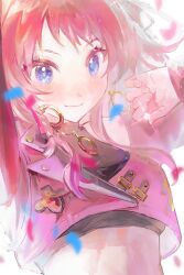 1girl arm_up black_shirt blue_eyes chinese_commentary closed_mouth colored_eyelashes commentary_request confetti crop_top cropped_jacket earrings eyelashes fighting_my_way_(idolmaster) gakuen_idolmaster hanami_saki hand_up highres hoop_earrings idolmaster ii_(youraunt) jacket jewelry lapels long_hair long_sleeves notched_lapels pink_jacket red_hair shirt smile solo upper_body