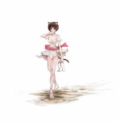 1girl animal_ears ballerina barefoot brown_eyes brown_hair cat_ears cat_tail es es_(cah60700) feet female_focus high_heels holding holding_shoes holding_unworn_clothes original shoes short_hair solo tail unworn_shoes walking white_background