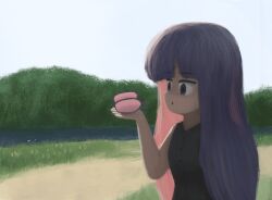 1girl blunt_bangs bug butterfly buttons colored_inner_hair day forest grass hand_up highres holding insect long_hair multicolored_hair nature open_mouth original outdoors pink_butterfly purple_eyes purple_hair river scaledteam shirt sky sleeveless solo upper_body v-neck water