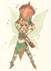 Rule 34 | 1girl, beck (disney fairies), blonde hair, blush, disney fairies (book series), fairy, fairy wings, flower, hat, highres, kuridel, long hair, mini person, minigirl, open mouth, oversized object, plant clothing, pointy ears, skirt, smile, solo, traditional media, wings