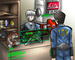 2boys :&lt; ahoge bat_wings bioshock bioshock_(series) bioshock_infinite black_hair bottle cameo choker crossover empty enokuma_uuta fallout fallout_3 gameplay_mechanics glasses heads-up_display indoors lone_wanderer long_sleeves looking_at_another male_focus menu morichika_rinnosuke multiple_boys multiple_crossover nuka_cola_quantum pip_boy rocket shelf shop silver_hair sitting songbird_(bioshock_infinite) standing star_(symbol) stuffed_animal stuffed_toy teddy_bear touhou translated uniform user_interface vault_jumpsuit_(fallout_3) vault_suit vending_machine wide_sleeves wings yellow_eyes