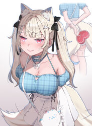 1girl animal_ear_fluff animal_ears bare_shoulders blonde_hair blue_hair blue_shirt blush breasts cleavage collarbone cow dog_ears dog_girl dog_tail fuwawa_abyssgard fuwawa_abyssgard_(casual) gradient_background grey_background happy_valentine highres hololive hololive_english large_breasts long_hair multicolored_hair multiple_views pink_eyes serearu shirt simple_background skirt solo_focus streaked_hair tail tail_wagging twintails two-tone_hair valentine virtual_youtuber white_skirt