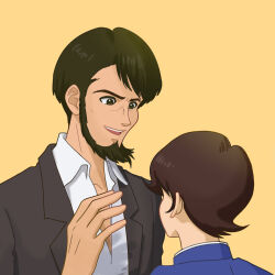 2boys arsene_lupin_ii arsene_lupin_iii black_eyes black_hair black_jacket brown_hair commentary_request facial_hair father_and_son formal_clothes goatee hanna_fg87 highres jacket long_sideburns lupin_iii lupin_zero male_focus multiple_boys open_mouth school_uniform shirt short_hair sideburns simple_background smile suit suit_jacket white_shirt yellow_background