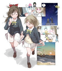 ... 4girls ? absurdres black_jacket blue_dress blue_eyes blush bow brown_hair clenched_teeth closed_eyes collared_shirt crane_game dress eighth_note evening hair_between_eyes hair_bow haruruhaharur highres holding holding_hands holding_leash holding_stylus jacket leash loafers long_hair looking_back love_live! love_live!_nijigasaki_high_school_idol_club mifune_shioriko multiple_girls multiple_views musical_note nakasu_kasumi neck_ribbon nijigasaki_school_uniform ophelia_(love_live!) osaka_shizuku pet_walking plaid_clothes plaid_skirt pleated_skirt pointing pointing_up red_bow red_eyes ribbon running school_uniform shirt shoes short_hair sidelocks skirt sky smile spoken_ellipsis spoken_musical_note spoken_question_mark spoken_squiggle squiggle star_(sky) starry_sky stylus sweater tablet_pc teeth tennoji_rina wading walking white_background white_shirt winter_uniform yellow_ribbon yellow_sweater yuri
