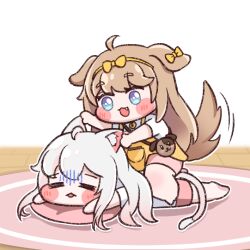 2girls :3 ahoge animal_ear_fluff animal_ears barefoot bell blue_eyes blush_stickers brown_hair butter_(trickcal) cat_ears cat_girl cat_tail chibi closed_eyes dog_ears dog_girl dog_tail fang gloom_(expression) kommy_(trickcal) long_hair lying multiple_girls neck_bell on_stomach open_mouth pillow pink_shorts ribbon shirt short_sleeves shorts sitting sitting_on_person smile tail trickcal white_hair white_shirt yellow_ribbon yellow_shirt yuha_live2d