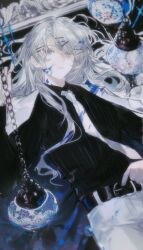 Rule 34 | 1boy, absurdres, belt, belt buckle, black belt, black shirt, blue coat, buckle, coat, coat on shoulders, collared coat, collared shirt, cowboy shot, dress pants, empty eyes, expressionless, grey eyes, grey hair, hair ornament, hair spread out, hairclip, highres, lamp, lapels, load712981, long hair, long sleeves, looking ahead, lying, male focus, mingjing fangfu keyi zhanduan chuntian, necktie, notched lapels, on back, paint on clothes, paint splatter, paint splatter on face, pants, parted lips, picture frame, shirt, sidelocks, solo, tsukijou ao, two-sided coat, two-sided fabric, white coat, white necktie, white pants, x hair ornament