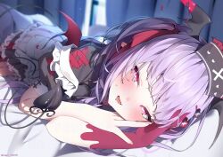 1girl apron bed black_tail black_wings blood blush commission demon_girl demon_tail demon_wings dress fangs frills hair_ornament hairclip half-closed_eyes hat head_wings heart heart-shaped_pupils heart_hair_ornament highres indie_virtual_youtuber long_hair looking_at_viewer lying nen_0405 nurse_cap on_bed open_mouth pink_eyes pointy_ears purple_hair red_wings ribbon saliva short_sleeves skeb_commission solo sweat symbol-shaped_pupils tail twitter_username urusimi_kokoro white_apron wings
