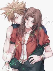 1boy 1girl aerith_gainsborough armor bangle black_gloves blonde_hair blue_shirt bracelet breasts brown_hair choker closed_eyes closed_mouth cloud_strife couple dress final_fantasy final_fantasy_vii final_fantasy_vii_advent_children final_fantasy_vii_rebirth final_fantasy_vii_remake flower_choker gloves green_eyes hair_between_eyes half-closed_eyes hetero hug hug_from_behind jacket jewelry lifestream light_brown_hair long_hair medium_breasts parted_bangs pink_dress red_jacket shirt short_hair short_sleeves shoulder_armor sidelocks single_bare_shoulder single_shoulder_pad single_sleeve sleeveless sleeveless_turtleneck smile spiked_hair turtleneck wavy_hair white_background yuu_crazy_doll_sae