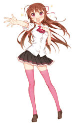 1girl :d black_skirt brown_hair brown_shoes collared_shirt full_body hair_ribbon hand_on_own_chest kareshi_tte_doko_ni_ittara_kaemasuno!? kayano_arika kayou_(kayou-bi) loafers long_hair miniskirt neckerchief official_art open_mouth outstretched_arm pink_thighhighs pleated_skirt red_eyes red_neckerchief red_ribbon ribbon school_uniform shirt shoes short_sleeves simple_background skirt smile solo sparkle standing summer_uniform thighhighs white_background white_shirt