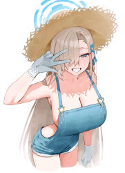 1girl absurdres alternate_costume asuna_(blue_archive) backless_outfit bare_arms bare_shoulders blonde_hair blue_archive blue_eyes blue_halo blue_overalls blue_ribbon blush breasts cleavage collarbone commentary cowboy_shot dot_nose foreshortening gloves grin hair_over_one_eye hair_ribbon half-closed_eyes halo hand_up hat highres huge_breasts kono_(xerondan321) legs_together long_hair looking_at_viewer mole mole_on_breast naked_overalls overalls ribbon shadow simple_background sleeveless smile solo standing straw_hat symbol-only_commentary very_long_hair w w_over_eye white_background white_gloves