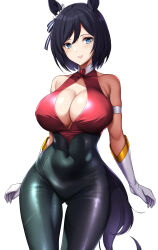 1girl absurdres animal_ears armlet bare_shoulders black_hair black_pants blue_eyes blush bob_cut breasts cleavage cleavage_cutout clothing_cutout commission covered_navel curvy cutie_honey_(character) cutie_honey_flash ear_scrunchie eishin_flash_(umamusume) gloves gluteal_fold halter_shirt halterneck high-waist_pants highres horse_ears horse_girl horse_tail impossible_pants jewelry large_breasts leather leather_pants looking_at_viewer pants parted_lips pixiv_commission sheita short_hair simple_background skin_tight smile solo swept_bangs tail umamusume white_background white_gloves
