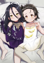 2girls atg_(wttoo0202) black_hair commentary_request dress elbow_gloves figure_skating_dress flat_chest gloves highres kamisaki_hikaru loli long_hair looking_at_viewer lying medalist_(manga) multiple_girls on_back orange_eyes pantyhose pillow purple_dress short_hair smile v white_dress white_pantyhose yellow_eyes yuitsuka_inori
