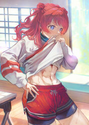 Rule 34 | 1girl, abs, absurdres, bike shorts, bike shorts under shorts, blue eyes, blush, clothes lift, commentary, english commentary, gakuen idolmaster, hanami saki, hand on own hip, highres, idolmaster, indoors, lifting own clothes, looking ahead, navel, otsudou, red hair, red shorts, shirt, shirt lift, shorts, solo, stomach, sweat, thighs, toned, toned female, v-shaped eyebrows, white shirt, wiping sweat, wiping with clothes