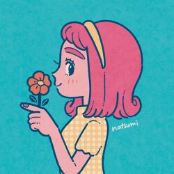1girl aqua_background artist_name blush checkered_clothes closed_mouth commentary_request eyelashes flower from_side hairband highres holding holding_flower medium_hair nail_polish natsumi_color orange_flower original pink_hair pink_nails profile_picture short_sleeves simple_background smile solo thick_eyebrows upper_body variant_set yellow_hairband