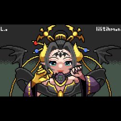 Rule 34 | 1girl, bare shoulders, black hair, black wings, breasts, character name, cleavage, commentary, demon girl, demon horns, demon wings, detached sleeves, digimon, digimon (creature), english commentary, facial mark, forehead mark, green eyes, haka namatata, holding, horns, lilithmon, pixel art, purple sleeves, shukusei!! loli-kami requiem, solo, wings