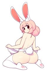 1girl animal_ear_fluff animal_ears apron ass bare_back black_hair breasts commentary english_commentary fizintine from_behind full_body hair_bun highres large_breasts looking_at_viewer looking_back naked_apron no_pupils original pink_hair rabbit_ears rabbit_girl rabbit_tail sideboob simple_background smile solo tail thighhighs white_apron white_background white_thighhighs