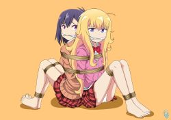 Rule 34 | 2girls, absurdres, ahoge, arms behind back, barefoot, bdsm, bondage, bound, bound together, cleave gag, cloth gag, feet, female focus, full body, gabriel dropout, gabriel tenma white, gag, gagged, highres, improvised gag, long hair, looking at viewer, multiple girls, panties, pink sweater, rope, school uniform, short hair, simple background, skirt, sweater, bound together, toenails, toes, underwear, vakaosciosa, vignette tsukinose april, white panties