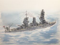 Rule 34 | aircraft, airplane, atelier bono, battleship, fusou (battleship), highres, imperial japanese navy, mast, military, military vehicle, no humans, ocean, original, painting (medium), rising sun flag, seaplane, ship, smokestack, sunburst, traditional media, vehicle focus, warship, watercolor (medium), watercraft, waves