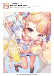 1girl :p bag black_panties blonde_hair brown_eyes cameltoe clothes_lift cocktail crime_prevention_buzzer drink flat_chest gyaru hair_ornament hair_scrunchie henreader highres interlocked_mars_and_venus_symbols loafers loli looking_at_viewer mars_symbol microskirt multicolored_hair navel nipples one_side_up original panties pink_hair removing_eyewear round_eyewear scrunchie shirt_lift shoes skirt smile socks solo streaked_hair sunglasses tongue tongue_out two-tone_hair underwear venus_symbol