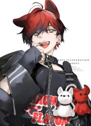 1boy animal_ears black_shirt chain chain_leash collar ear_piercing highres holostars holostars_english leash long_sleeves looking_at_viewer machina_x_flayon male_focus official_alternate_costume open_mouth oversized_clothes piercing red_hair shirt shokuen_(oxstl) short_hair simple_background smile solo stuffed_toy teeth upper_body upper_teeth_only white_background