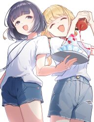 Rule 34 | 2girls, absurdres, blonde hair, bottle, braid, closed eyes, commentary request, cowboy shot, denim, denim shorts, fang, flower, food, fujita kotone, gakuen idolmaster, hair flower, hair ornament, hataya misuzu, highres, holding, holding bottle, holding plate, idolmaster, kitanoneko, mole, mole under mouth, multiple girls, open mouth, plate, purple eyes, purple hair, shaved ice, shirt, short hair, shorts, simple background, skin fang, smile, squeeze bottle, white background, white shirt