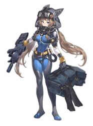 1girl absurdres bag belt blue_eyes bodysuit breasts brown_hair diving_suit duffel_bag flippers flippers_removed full_body goggles goggles_on_head grin gun highres holding holding_bag holding_gun holding_weapon hood hood_up long_hair looking_at_viewer low_twintails mask medium_breasts original ramuri respirator sidelocks simple_background skin_tight smile solo standing twintails weapon weapon_request white_background