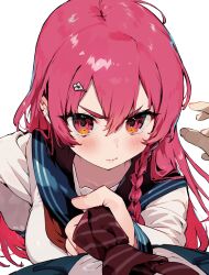 1boy 1girl absurdres arataka_mimi blue_sailor_collar blush braid breasts closed_mouth clothes_grab cmyk:_sameda_kazuou_wa_chuunibyou_ga_naosenai frown glaring hair_ornament hairclip hand_on_own_hip height_difference highres koba large_breasts long_hair long_sleeves looking_at_viewer necktie necktie_grab neckwear_grab pink_eyes pink_hair pov red_necktie sailor_collar sameda_kazuou shirt side_braid simple_background upper_body v-shaped_eyebrows white_background white_shirt