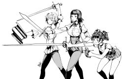 3girls arm_up artist_name blunt_bangs breasts buckler closed_mouth commentary_request dagger dueling_shield earrings fighting_stance from_behind greyscale hand_on_own_hip hand_up hands_up high-waist_pants highres holding holding_dagger holding_knife holding_shield holding_sword holding_weapon jewelry knife large_breasts leaning_forward long_sleeves medium_breasts monochrome multiple_girls original pants pirata_(gailtonatiu) pleated_skirt rapier serious shield shirt short_hair signature simple_background skirt smile squatting standing sword twintails weapon white_background