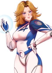 1girl absurdres animification arm_up belt blonde_hair blue_bodysuit blue_eyes bodysuit breasts collarbone commentary cowboy_shot energy english_commentary fantastic_four female_focus hand_on_own_hip highres light_smile logo marvel marvel_rivals mature_female medium_breasts parted_bangs simple_background sirteacupp solo standing sue_storm thick_thighs thighs two-tone_bodysuit wavy_hair white_background white_bodysuit
