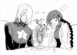 1boy 1girl :d bendy_straw blush braid character_request check_character chinese_clothes drink drinking_straw etrian_odyssey flying_sweatdrops greyscale highres jacket long_hair long_sleeves monk_(sekaiju) monk_4_(sekaiju) monochrome nikki_kyousuke open_clothes open_jacket open_mouth parted_lips print_jacket simple_background single_braid smile star_(symbol) star_print sweat table upper_body very_long_hair watermark white_background zodiac_(sekaiju) zodiac_3_(sekaiju)