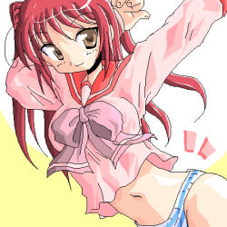 Rule 34 | 1girl, ahoge, arms up, blush, bow, breasts, brown eyes, kousaka tamaki, long hair, long sleeves, looking at viewer, marinba, medium breasts, midriff, navel, panties, pink bow, pink shirt, red hair, school uniform, shirt, smile, standing, stretching, striped clothes, striped panties, to heart (series), to heart 2, two-tone background, two side up, underwear, white background, white panties, yellow background