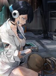 1girl amputee android black_choker black_hair breasts choker collared_shirt commentary_request dirty dirty_face electricity funi_mu9 grey_eyes headphones highres light_particles mechabare medium_breasts open_clothes open_mouth open_shirt original shirt short_hair sitting skeleton solo torn_clothes white_shirt wire