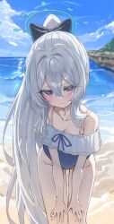 1girl absurdres bare_shoulders beach blue_archive blue_eyes blue_halo blue_one-piece_swimsuit blue_sky casual_one-piece_swimsuit cloud cloudy_sky day feet_out_of_frame frilled_one-piece_swimsuit frills grey_hair hair_between_eyes halo hands_on_own_thighs hashtag-only_commentary highres horizon kerno leaning_forward looking_at_viewer miyako_(blue_archive) miyako_(swimsuit)_(blue_archive) ocean off-shoulder_one-piece_swimsuit off_shoulder official_alternate_costume one-piece_swimsuit outdoors ponytail sky solo standing swimsuit