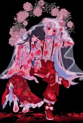 2girls absurdres black_background black_hair blood blood_on_clothes blood_on_face blood_on_hands blush boots bow bowtie closed_eyes closed_mouth commentary_request crossed_legs flower flower_request fujiwara_no_mokou grey_hair grey_shirt hair_bow highres houraisan_kaguya leaning_on_person long_hair long_skirt long_sleeves multiple_girls ofuda ofuda_on_clothes pants pink_flower pink_shirt red_boots red_eyes red_pants see-through_clothes see-through_veil shared_veil shirt simple_background skirt smile suspenders ta_mi_01000 torn_clothes torn_pants torn_shirt torn_skirt touhou veil very_long_hair white_bow white_bowtie wide_sleeves yuri