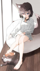 1girl animal_ear_fluff animal_ears black_hair blue_eyes cat cat_ears cat_tail heterochromia kagemoe1003 open_mouth original red_eyes shirt sitting solo tail white_shirt