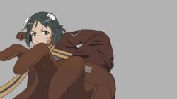 1girl animal_ears animated animated_gif bandaid bandaid_on_face black_hair blue_eyes brave_witches brown_gloves dog_ears gloves grey_background incoming_attack incoming_punch jacket kanno_naoe keicha_(kmoekaki) military_uniform punching short_hair simple_background solo world_witches_series
