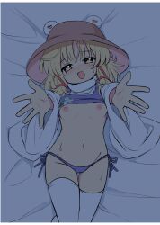 1girl :d absurdres animal_print bed blonde_hair blush breasts brown_hat clothes_lift dark detached_sleeves frog_print hair_ribbon hat heart heart-shaped_pupils highres looking_at_viewer lying moriya_suwako navel nipples on_back on_bed open_mouth outstretched_arms panties pyonta ramudia_(lamyun) reaching reaching_towards_viewer ribbon short_hair side-tie_panties simple_background smile solo sweat symbol-shaped_pupils thighhighs touhou underwear white_thighhighs wide_sleeves yellow_eyes