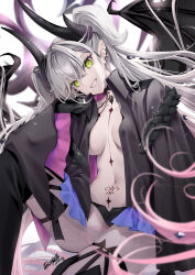 1girl akatsuki_hijiri black_jacket black_panties boots breasts fate/grand_order fate_(series) green_eyes highres horns jacket knee_up lilith_(fate) long_hair looking_at_viewer navel panties pointy_ears smile thigh_boots twintails underwear white_hair