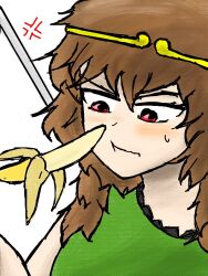 1girl angry banana blush brown_hair food fruit highres monkey_girl red_eyes son_biten sweat tomino&#039;s_hell torso touhou