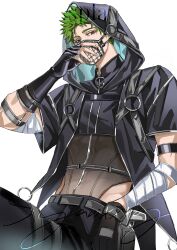 1boy alternate_costume black_gloves brown_eyes commentary_request fingerless_gloves gloves green_hair highres hood kotaro_tamon looking_at_viewer male_focus muzzle_(mask) pants phantom_busters short_hair simple_background solo syanxxxg